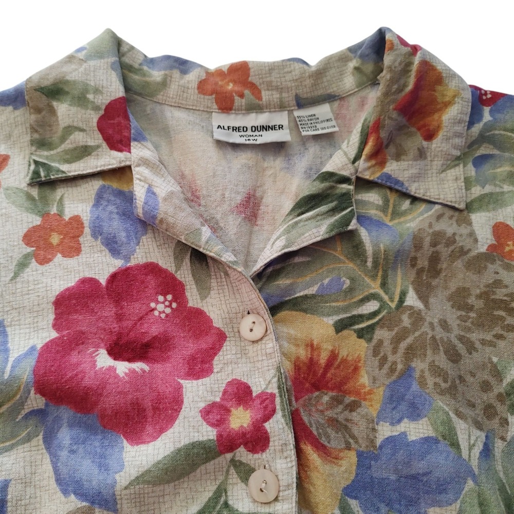 Alfred Dunner Floral Hawaiian Button Linen Blend Short Sleeve Womens‎ Sixteen